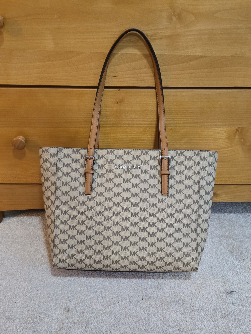 Michael Kors Tan/Beige Signature MK Tote Bag